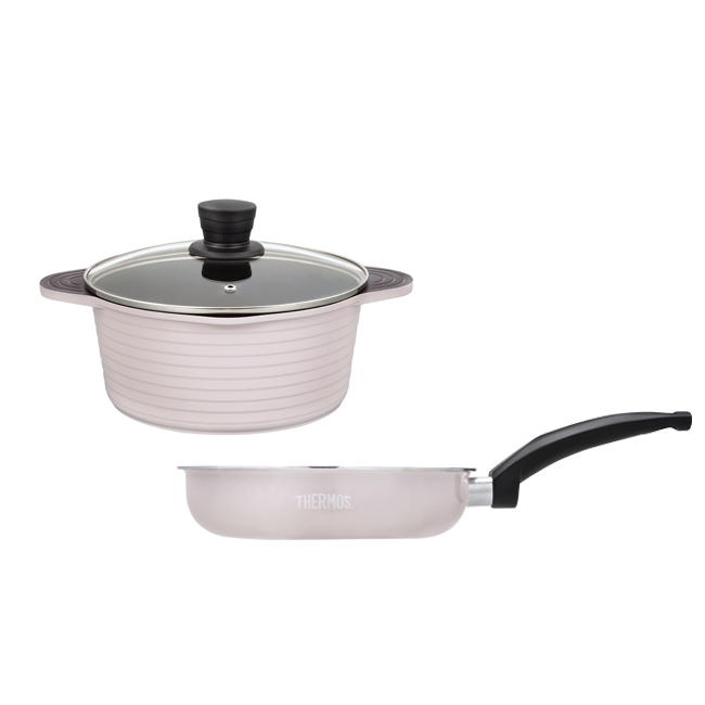 【THERMOS膳魔師】巧易不沾鍋_TFP系列雙耳附蓋壓鑄湯鍋24cm 燕麥杏【活動專區商品】