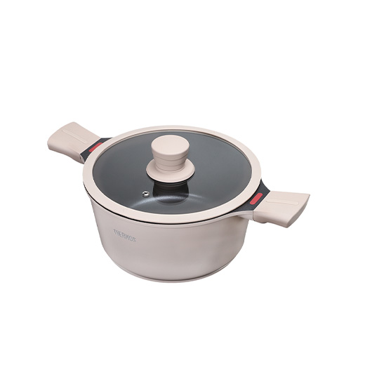 【THERMOS膳魔師】星曜不沾鍋 TFC系列 雙耳附蓋壓鑄湯鍋24cm 奶茶褐