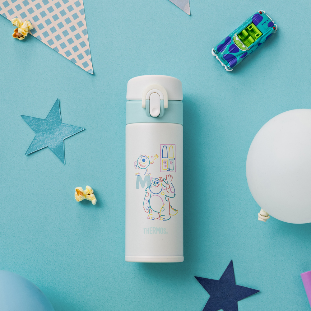 【THERMOS 膳魔師】不銹鋼真空彈蓋保溫保冷瓶300ml_怪獸電力公司-藍