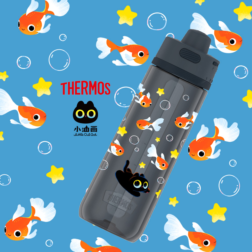 【THERMOS膳魔師】輕水瓶_TP4329系列_710ml_小油画金魚泡泡