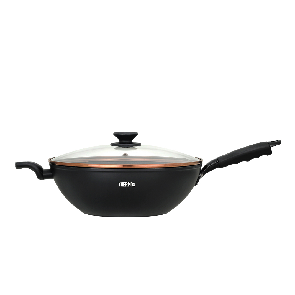 【THERMOS膳魔師】黑曜晶岩不沾鍋_TGPN系列_單柄附蓋炒鍋32cm_霧面黑