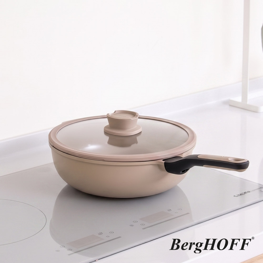 【BergHOFF貝高福】Stone+陶瓷塗層不沾鍋系列_單柄附蓋壓鑄炒鍋_28cm_曠野棕